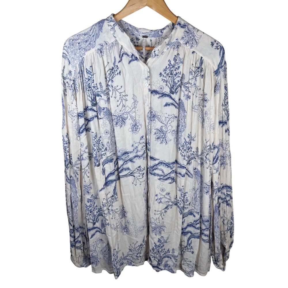 Free People Metallic Blooms Top Womens Large Blue Toile Floral Boho Botanical - Picture 2 of 6